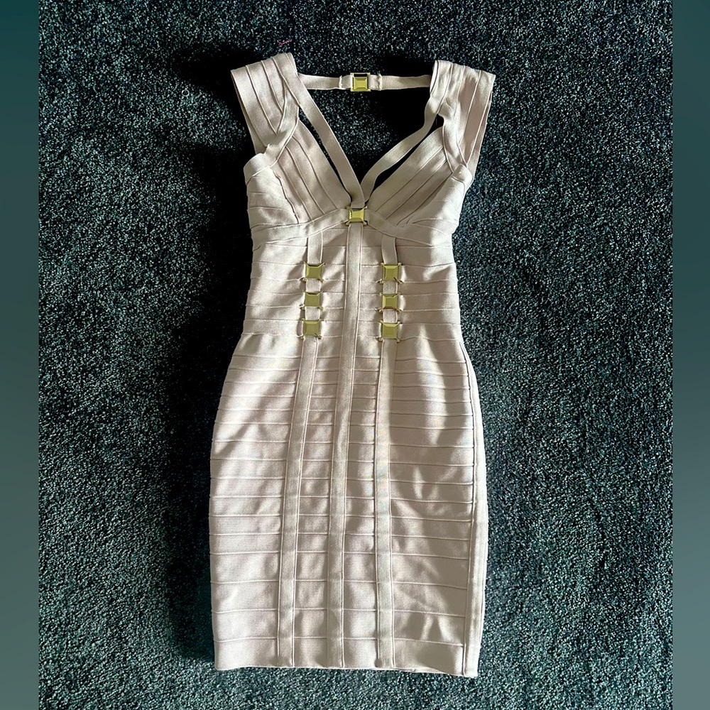 Bandage light pink dress with gold , size S , Herve style , like new